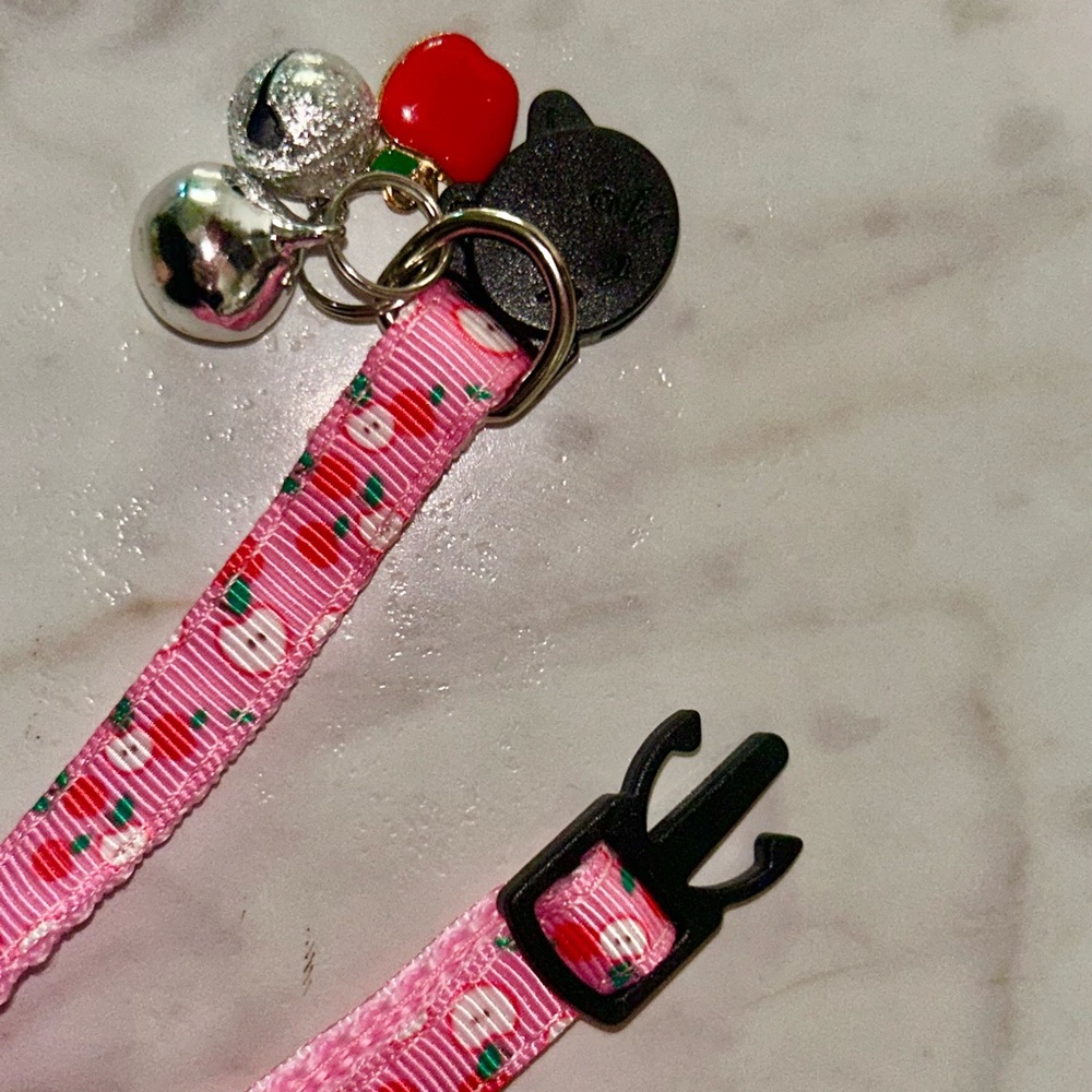 NWOT PINK CAT COLLARS WITH CHARMS AND BELLS STRAWBERRY APPLE WATERMELON - Picture 2 of 5